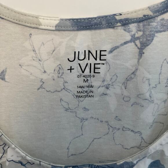 June + Vie Floral Tank Womens Medium Gray Blue Cotton Casual Swing Top - Picture 4 of 7